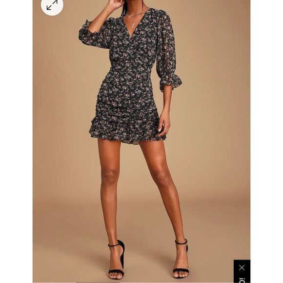 Lulus Estella Black Floral Print Ruched Ruffled Mini Dress Size M - Picture 11 of 11
